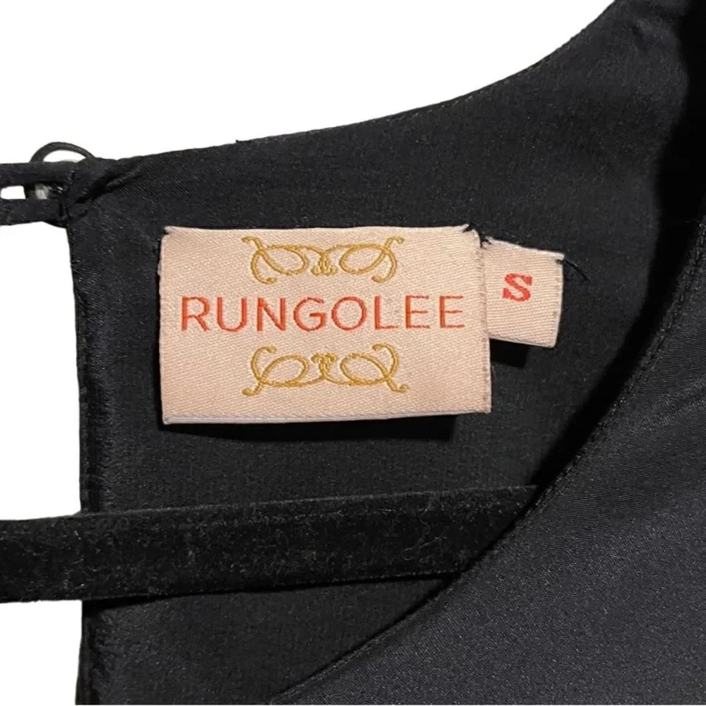 RUNGOLEE- Women’s Black Silk Blouse w Gold Beaded Design, Size Small - Picture 3 of 9